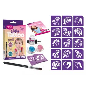 Csillámtetoválás szett, Lovak és Unikornisok, 15 sablon, 2 csillámpor