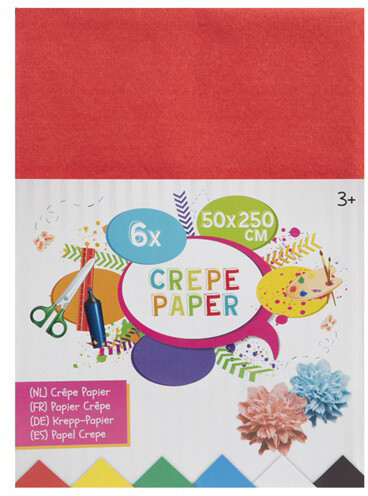 Krepp papír 50x250cm, 6 ív/csomag (fekete, kék, sárga, fehér, piros, zöld)